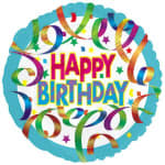 Round birthday balloon with colorful streamers and "Happy Birthday" text