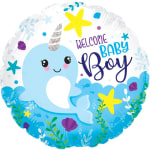 Round baby shower balloon with a cartoon narwhal and "Welcome Baby Boy" text