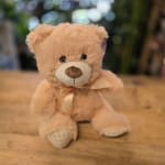 Plush teddy bear with a ribbon sitting on a wooden surface