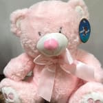 Pink plush teddy bear with a satin bow and tag