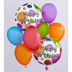 Birthday balloons in bright colors, including two "Happy Birthday" balloons