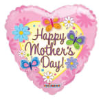 Pink heart-shaped Mother's Day balloon with butterflies and flowers