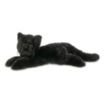Black plush cat lying down on a white background