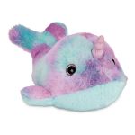 Pastel unicorn plush toy with a fluffy rainbow body and glittery horn