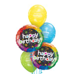 Cluster of colorful birthday balloons with two "happy birthday" balloons