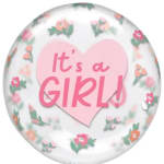 Clear balloon with pink "It's a Girl!" text and floral print
