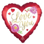 Heart-shaped balloon with "Love You" text and floral decorations