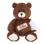 Brown teddy bear with a "Get Well Soon" patch and arm sling