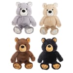 Four plush teddy bears in gray, beige, brown, and black
