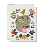 Greeting card with a painted leopard head surrounded by flowers