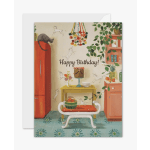 Birthday card with a painted kitchen scene and the words Happy Birthday