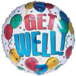 Round balloon with "GET WELL!" text and colorful balloon graphics