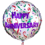 Round foil balloon with "Happy Anniversary" text and confetti pattern