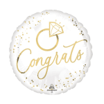 Round white balloon with gold "Congrats" text and confetti dots
