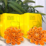 Two orange ceramic flowers in yellow boxes with green foliage behind