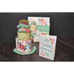 Birthday cake pop-up card with floral decorations and a matching greeting card