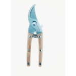 Blue-handled pruning shears with wooden grips on a white background
