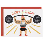 Birthday card with a cartoon strongman and bold text
