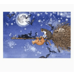 Illustrated Halloween scene with cats on a broom under a moonlit sky
