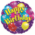 Round birthday balloon with colorful balloons and "Happy Birthday" text