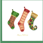 Holiday card with three decorative stockings and "Happy Holidays" text