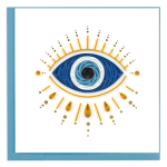 Blue and gold eye design on a white card with a blue envelope