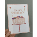 Birthday card with a pink cake and floral decorations