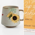 Ceramic mug with a sunflower design beside a tea box