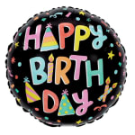Round black birthday balloon with colorful "Happy Birthday" text