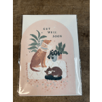Get well soon card with illustrated dog in cone, sleeping cat, and houseplants on a peach background
