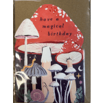 Whimsical birthday card with illustrated red and white mushrooms, snail, and stars on a dark background.