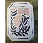 Happy birthday card with pink abstract flowers and dark leaves
