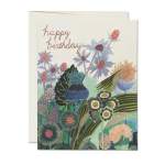 Birthday card with colorful illustrated flowers and "happy birthday" text
