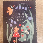 Baby card with illustrated flowers, a bird, and the words "HELLO SWEET BABY"