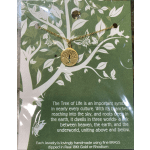Gold tree of life pendant necklace on a green card with white tree and bird illustration