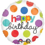Round birthday balloon with colorful polka dots and "happy birthday" text