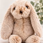 Plush tan bunny with long floppy ears sitting in front of blurred flowers
