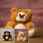 Plush teddy bear with a smiling face, shown in three color variations