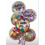 Cluster of colorful birthday balloons with printed messages