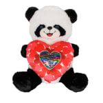 Plush panda holding a red heart pillow with a rainbow heart center