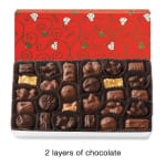Box of assorted chocolates in a red heart-patterned gift box