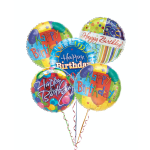 Cluster of colorful Happy Birthday balloons with curling ribbons