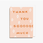 Peach thank-you card with orange text and white diamond pattern