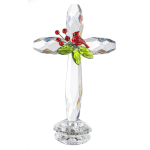 Crystal cross with a red bird and green leaves on a clear base