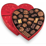 Heart-shaped box of assorted chocolates with a red ribbon