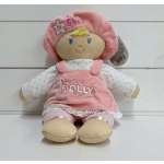 Plush doll in pink outfit with "My First Dolly" embroidery