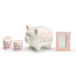 Baby keepsake set with piggy bank, curl and tooth jars, and a photo frame