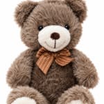 Brown teddy bear with a striped bow on a white background