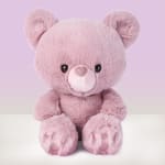Pink plush teddy bear sitting against a pastel background