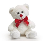 White teddy bear with a red bow on a plain background